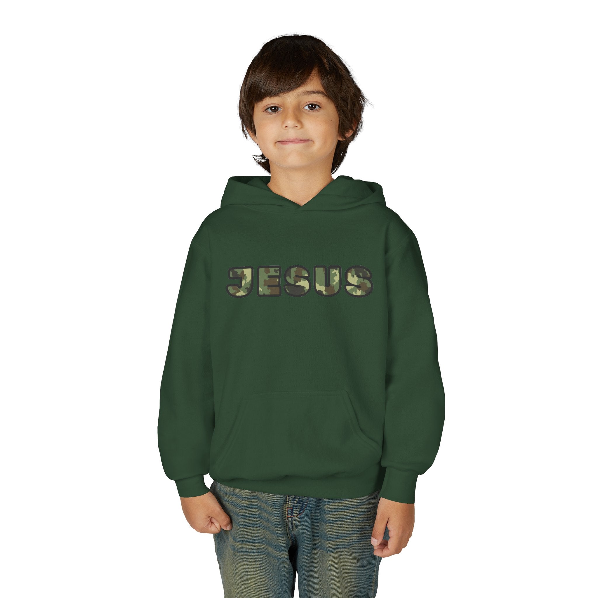 Youth Hoodie with Camouflage JESUS Text - Christian Faith Youth Pullover