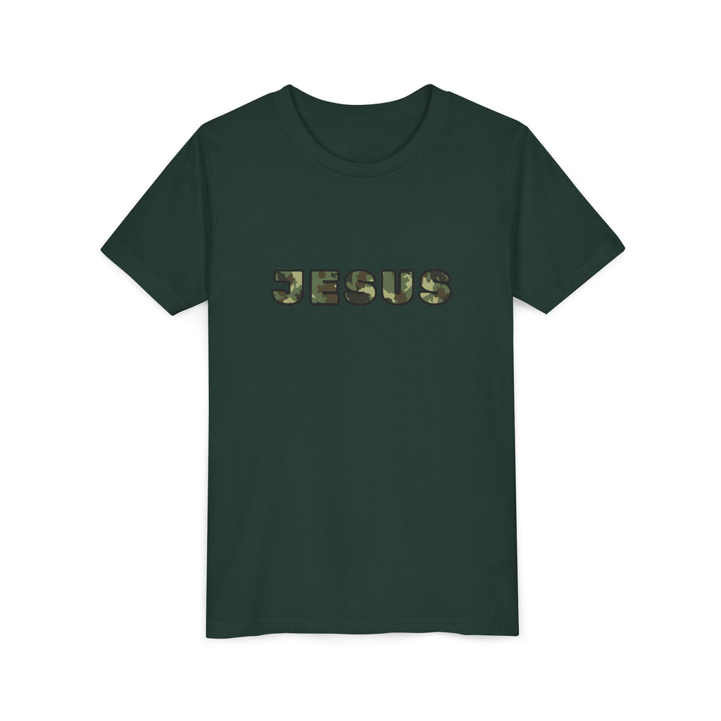 Youth Tee - 'JESUS' Camo Print Christian Kids Shirt