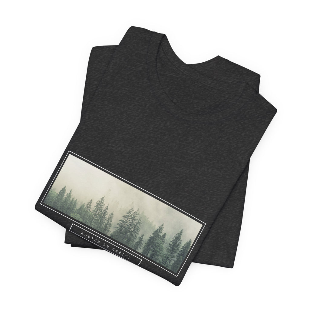Mist-Forest Rectangle Tee — Minimal Foggy Pine Graphic T-Shirt