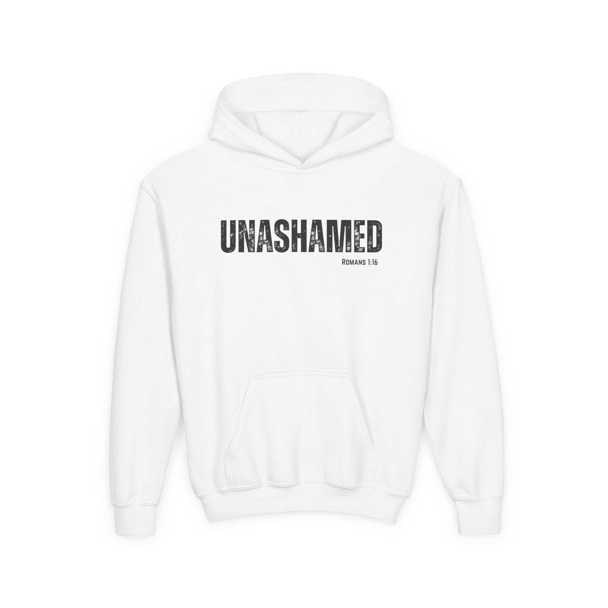 Unashamed Youth Hoodie – Christian Faith Graphic Sweatshirt (Romans 1:16)