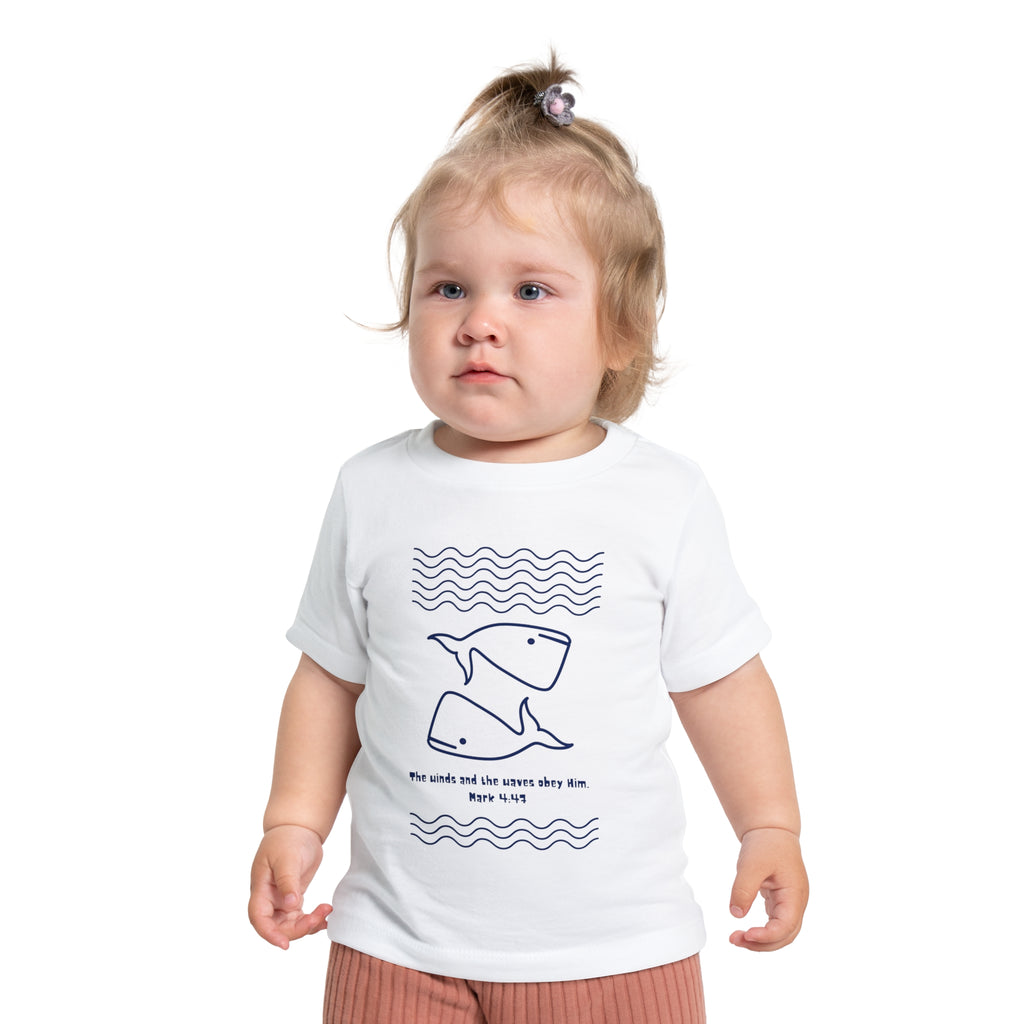 Baby T-Shirt — Minimal Whale Ocean Tee ("He walks and the waves obey Him")