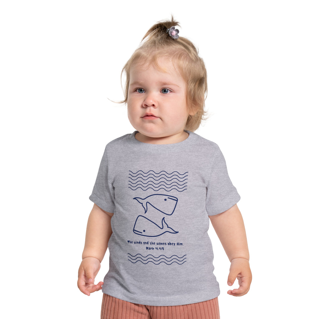 Baby T-Shirt — Minimal Whale Ocean Tee ("He walks and the waves obey Him")