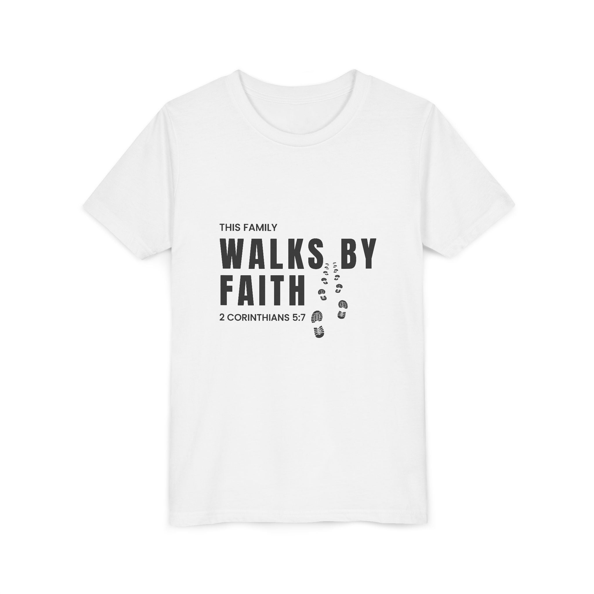 Youth Tee — "This Family Walks By Faith" Christian Kids T-Shirt (2 Corinthians 5:7)