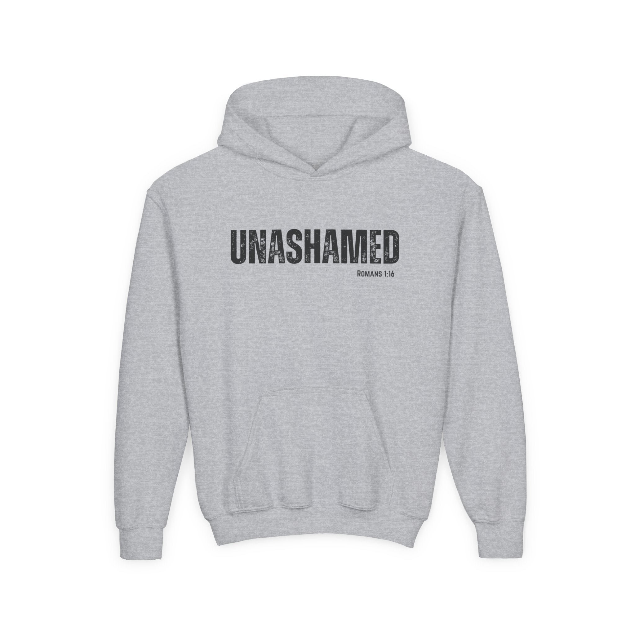 Unashamed Youth Hoodie – Christian Faith Graphic Sweatshirt (Romans 1:16)