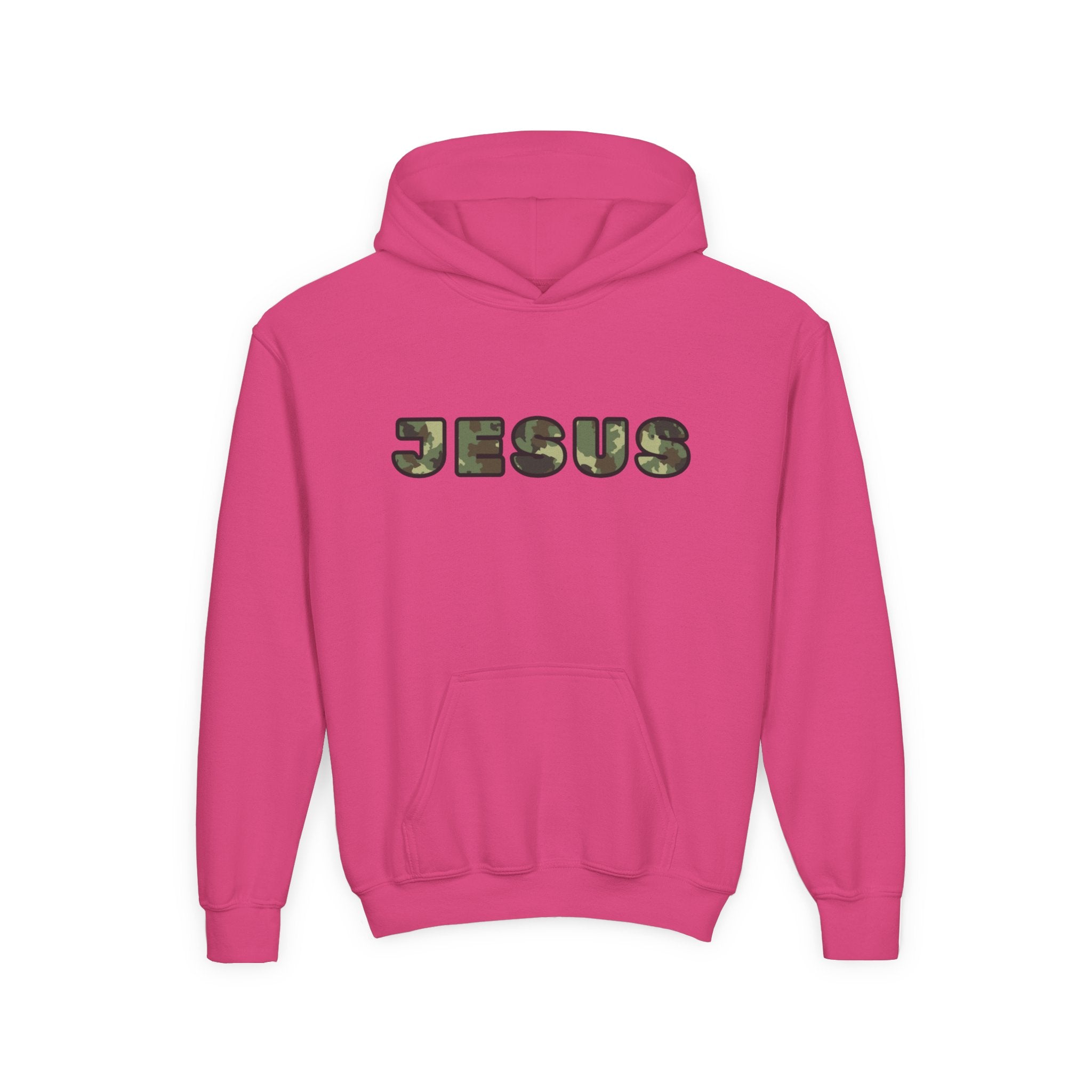 Youth Hoodie with Camouflage JESUS Text - Christian Faith Youth Pullover