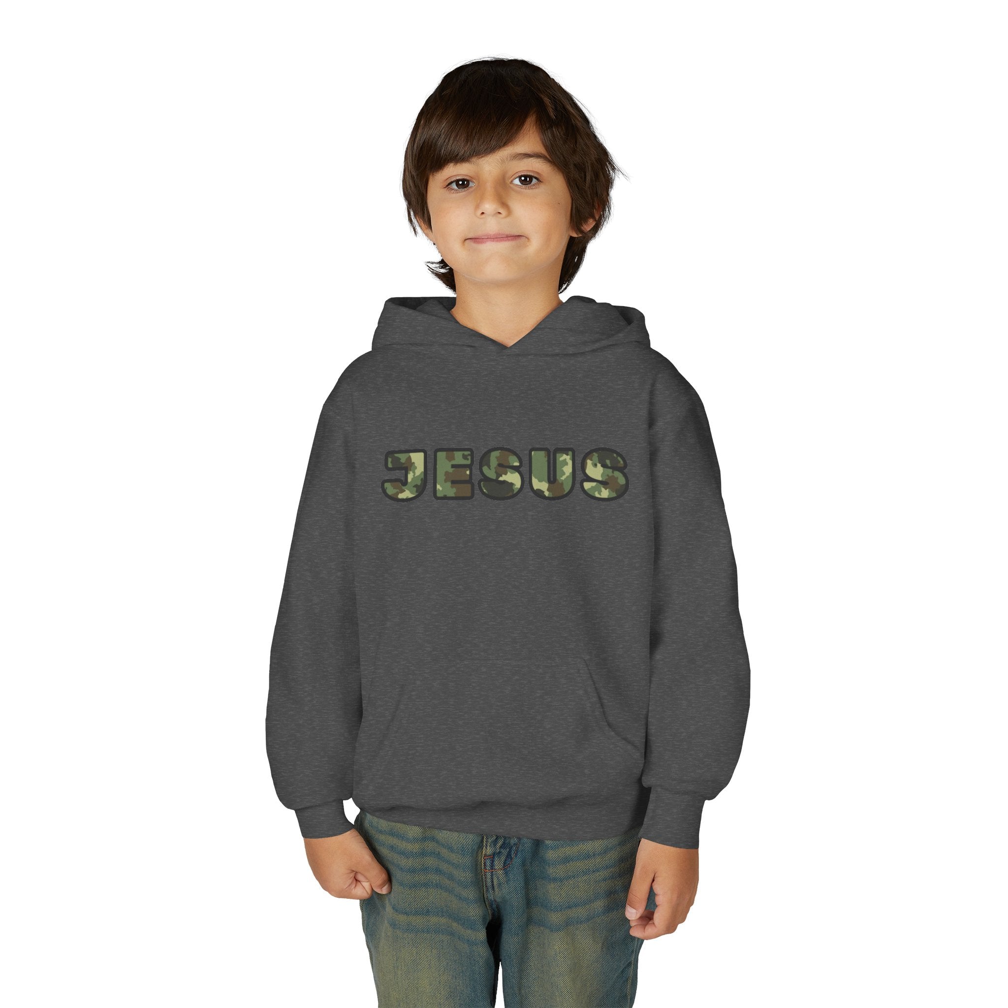 Youth Hoodie with Camouflage JESUS Text - Christian Faith Youth Pullover