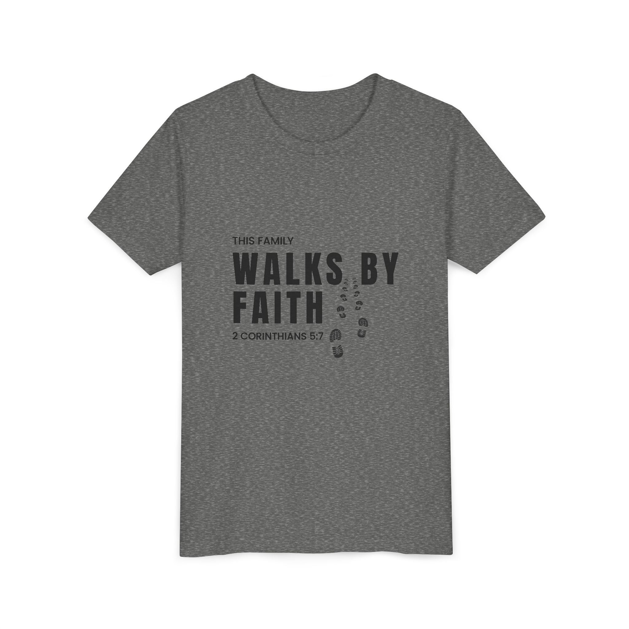 Youth Tee — "This Family Walks By Faith" Christian Kids T-Shirt (2 Corinthians 5:7)