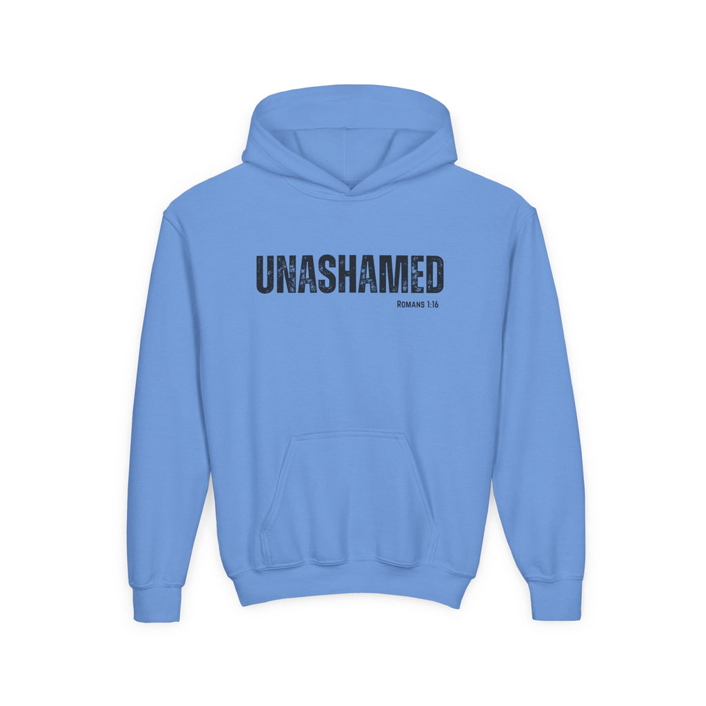 Unashamed Youth Hoodie – Christian Faith Graphic Sweatshirt (Romans 1:16)