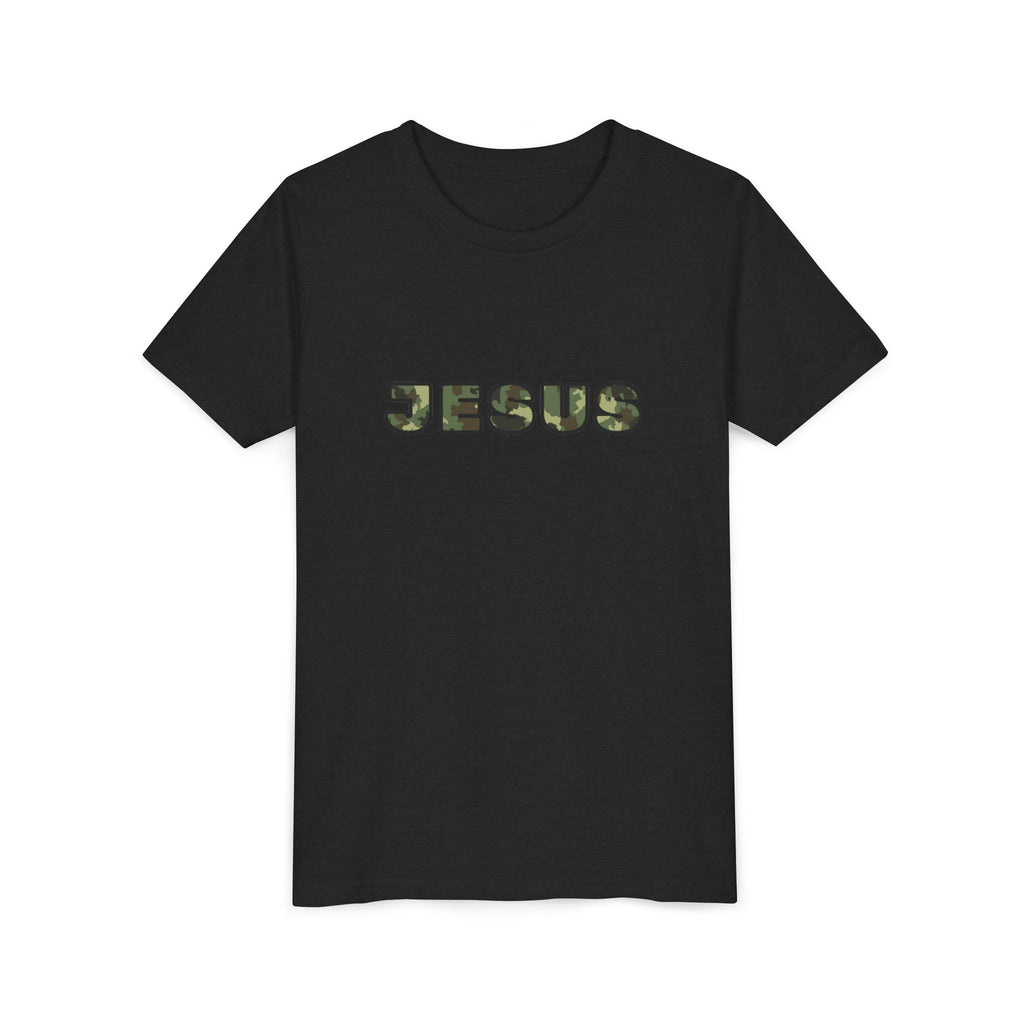 Youth Tee - 'JESUS' Camo Print Christian Kids Shirt