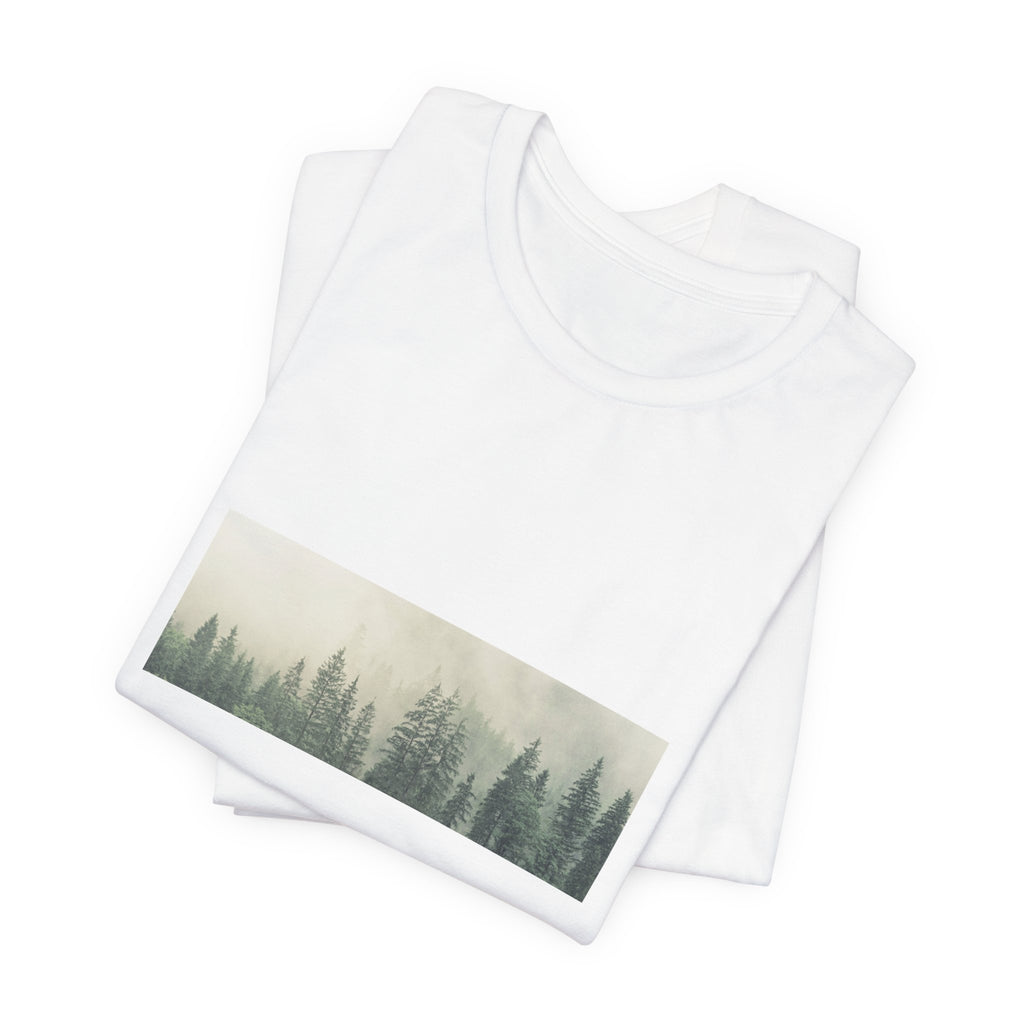 Mist-Forest Rectangle Tee — Minimal Foggy Pine Graphic T-Shirt