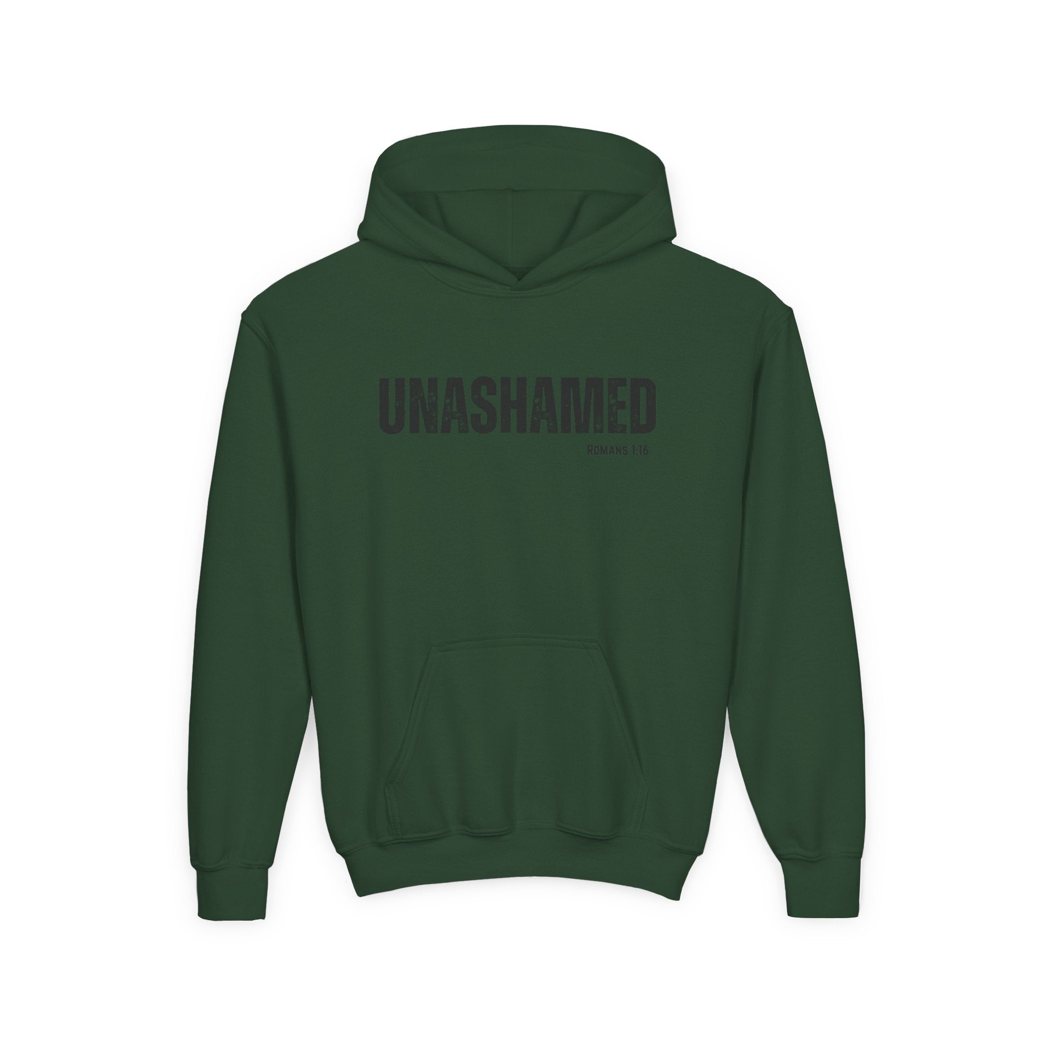 Unashamed Youth Hoodie – Christian Faith Graphic Sweatshirt (Romans 1:16)