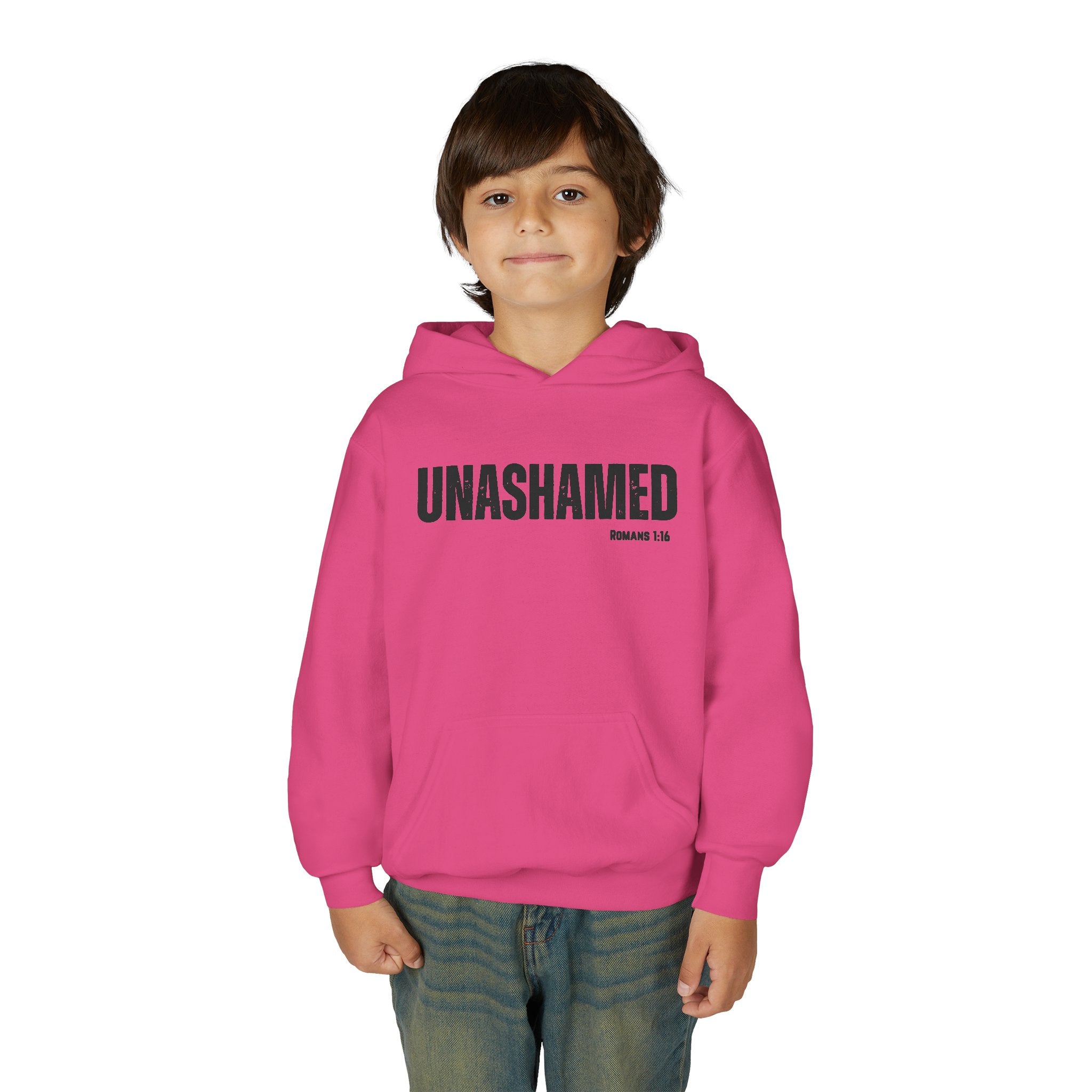 Unashamed Youth Hoodie – Christian Faith Graphic Sweatshirt (Romans 1:16)