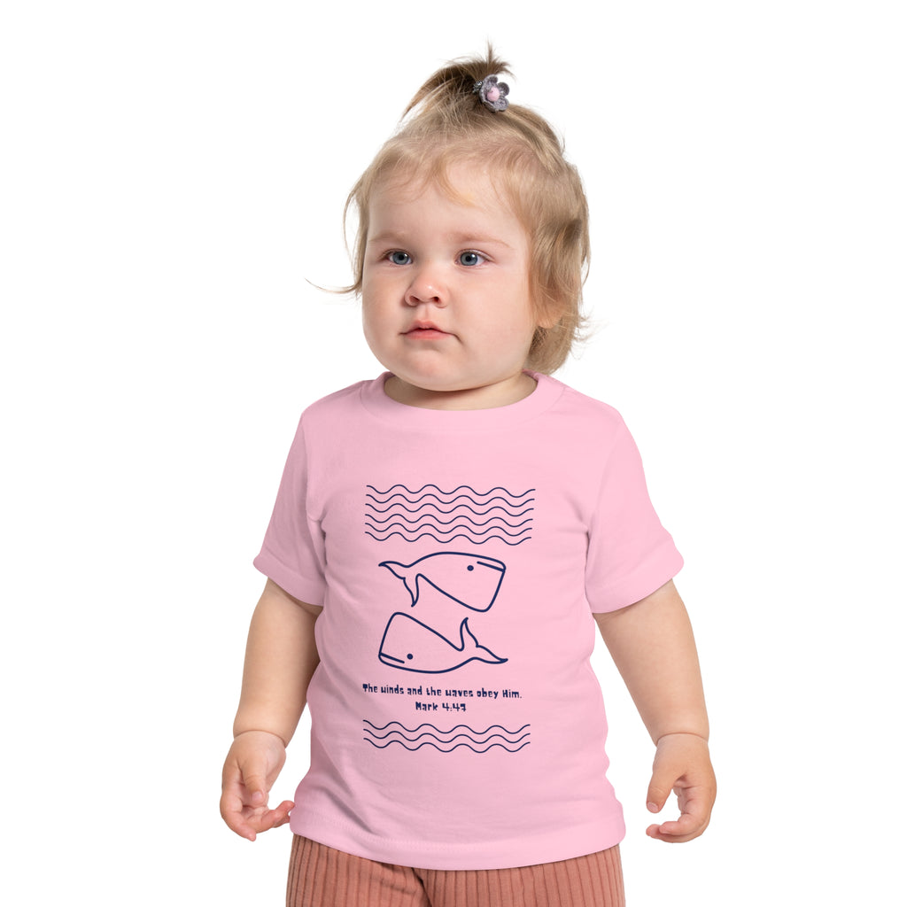 Baby T-Shirt — Minimal Whale Ocean Tee ("He walks and the waves obey Him")