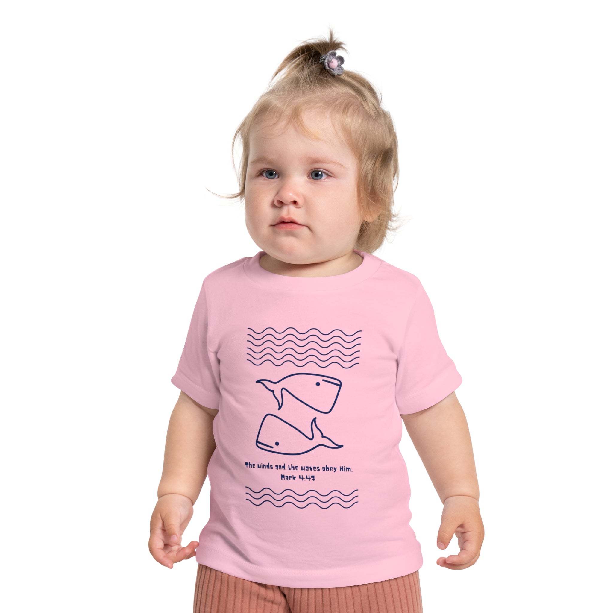 Baby T-Shirt — Minimal Whale Ocean Tee ("He walks and the waves obey Him")