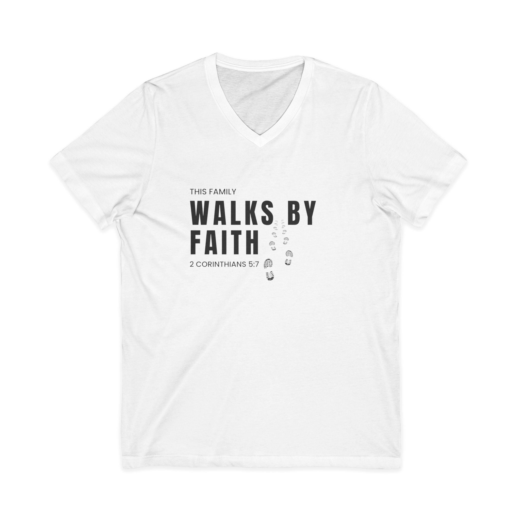 Walks By Faith V-Neck Tee — Christian Family Faith Shirt (2 Corinthians 5:7)