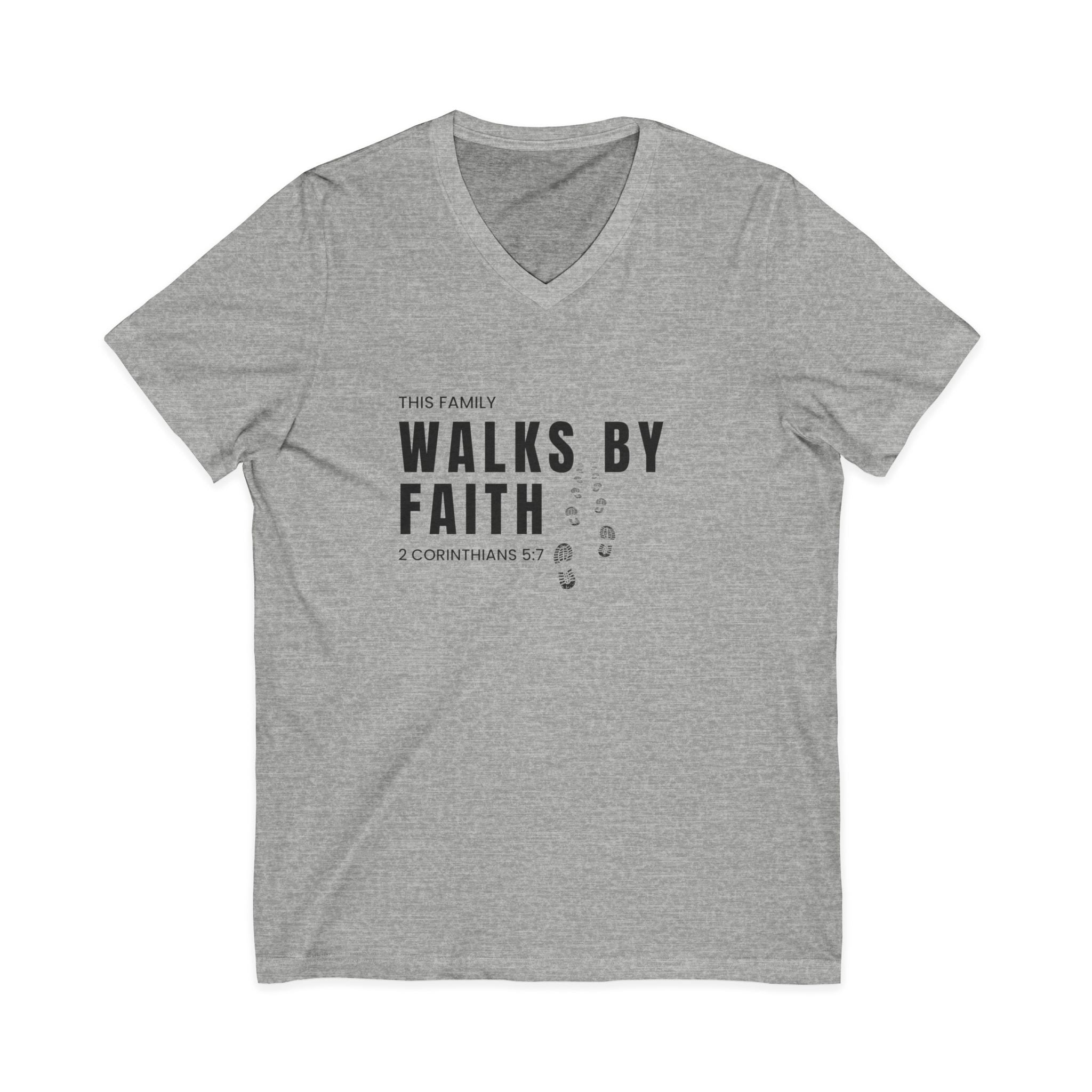 Walks By Faith V-Neck Tee — Christian Family Faith Shirt (2 Corinthians 5:7)