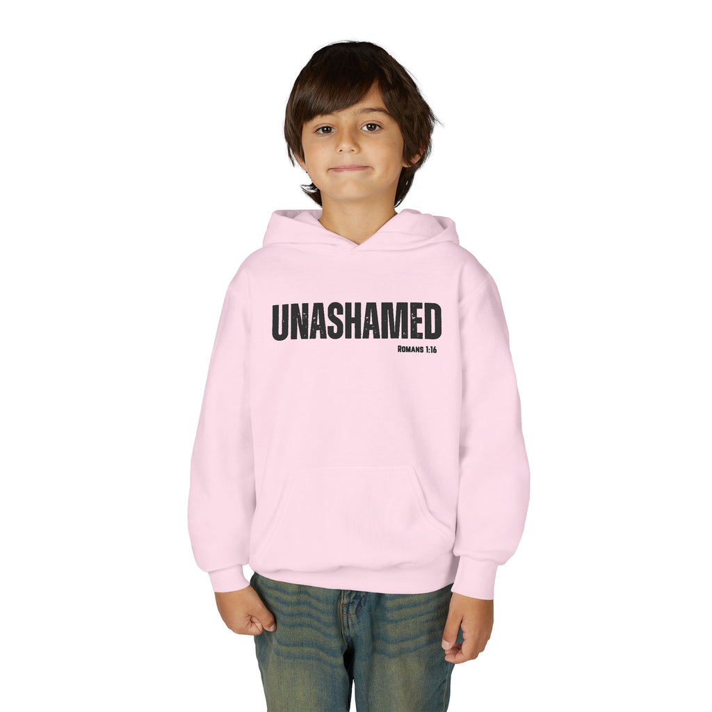 Unashamed Youth Hoodie – Christian Faith Graphic Sweatshirt (Romans 1:16)