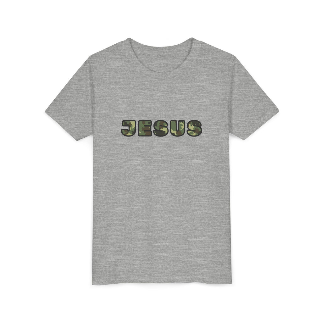 Youth Tee - 'JESUS' Camo Print Christian Kids Shirt