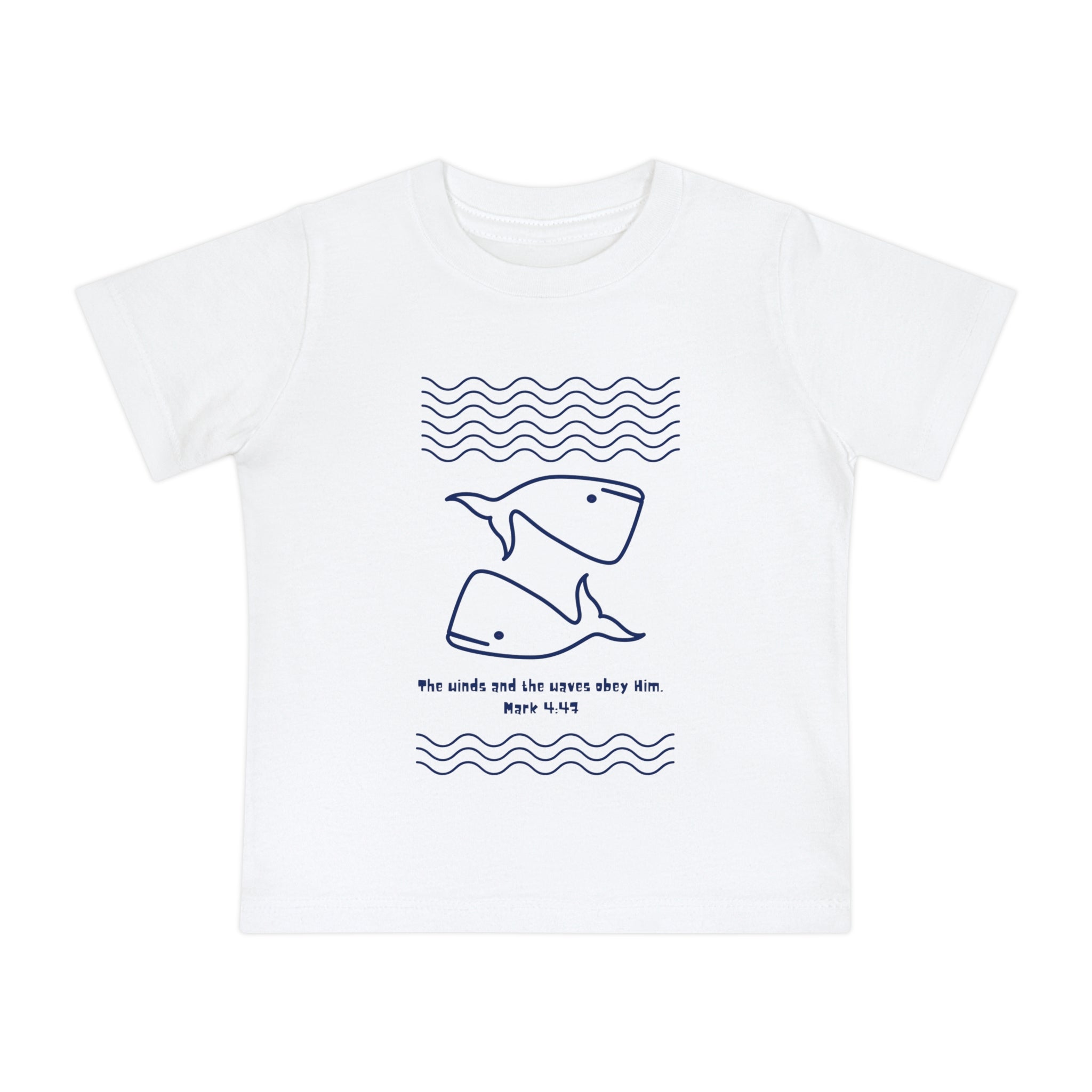 Baby T-Shirt — Minimal Whale Ocean Tee ("He walks and the waves obey Him")