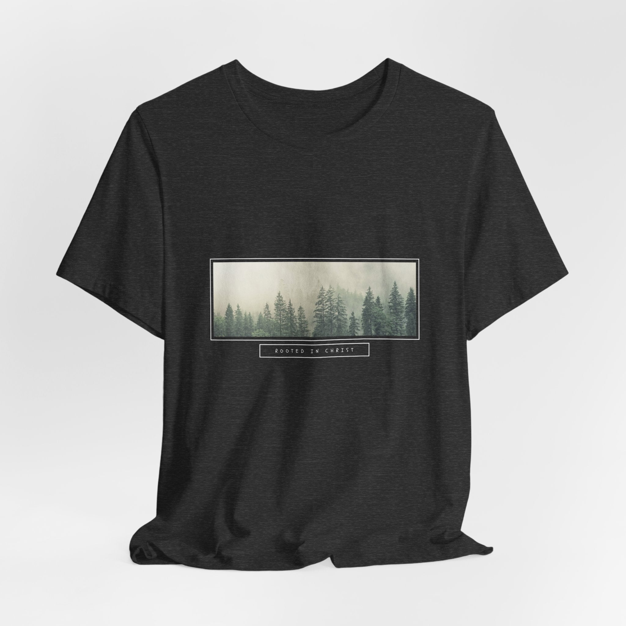 Mist-Forest Rectangle Tee — Minimal Foggy Pine Graphic T-Shirt
