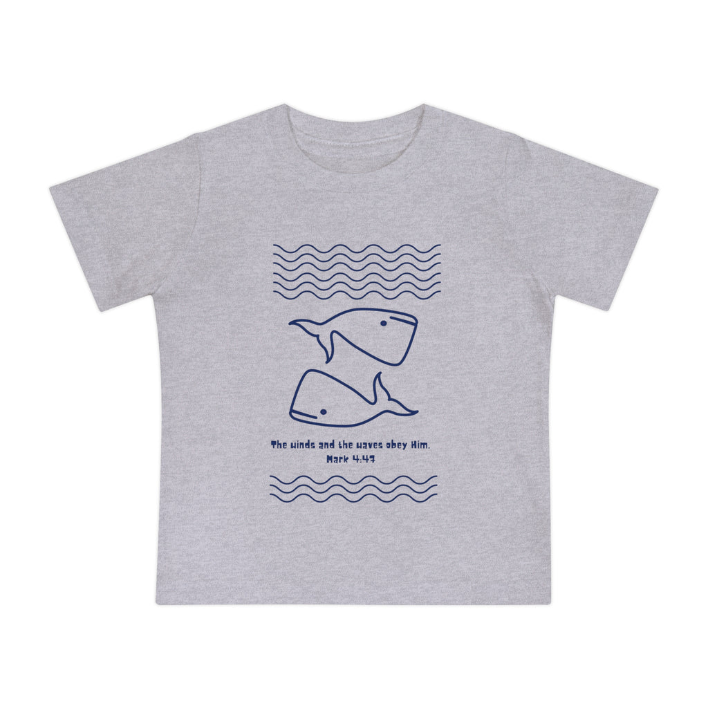 Baby T-Shirt — Minimal Whale Ocean Tee ("He walks and the waves obey Him")