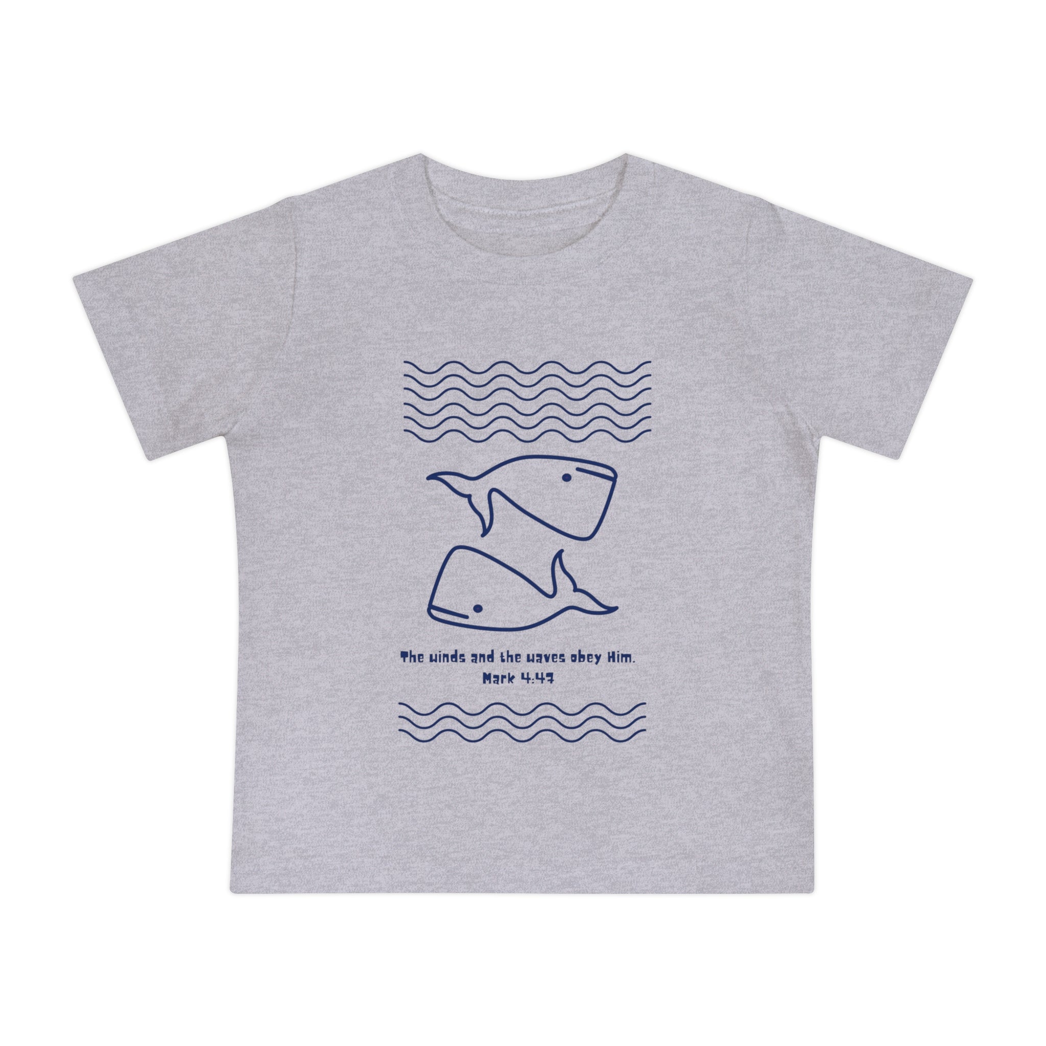 Baby T-Shirt — Minimal Whale Ocean Tee ("He walks and the waves obey Him")