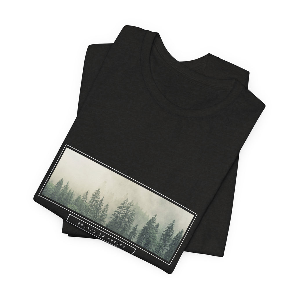 Mist-Forest Rectangle Tee — Minimal Foggy Pine Graphic T-Shirt