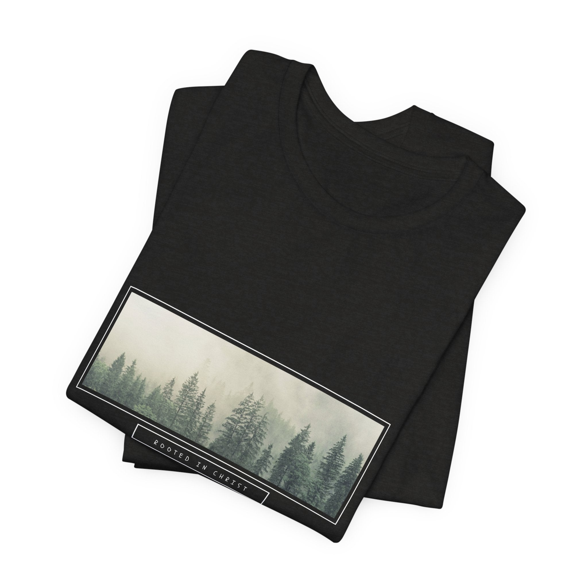 Mist-Forest Rectangle Tee — Minimal Foggy Pine Graphic T-Shirt
