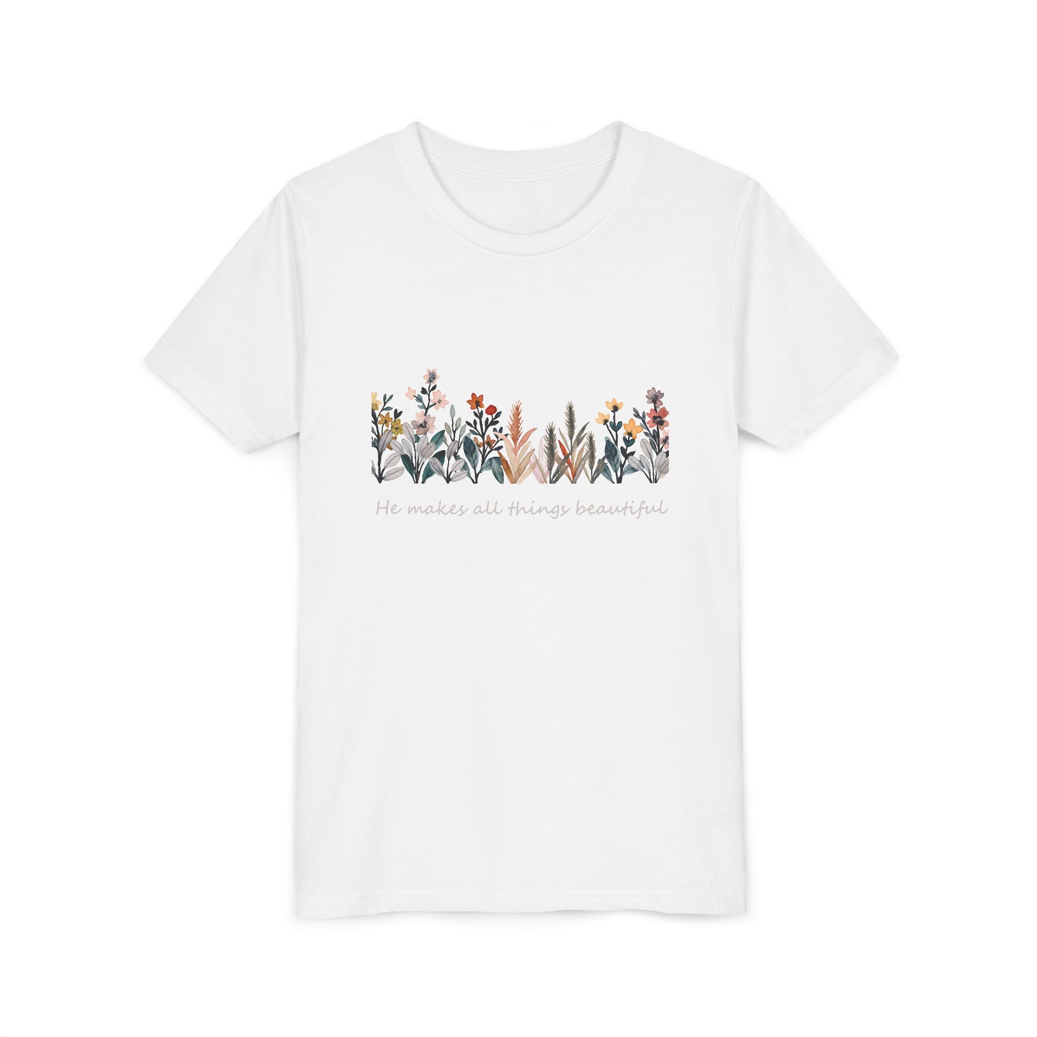 Youth Floral Tee — Watercolor Wildflowers Kids T‑Shirt (Nature Garden Design)