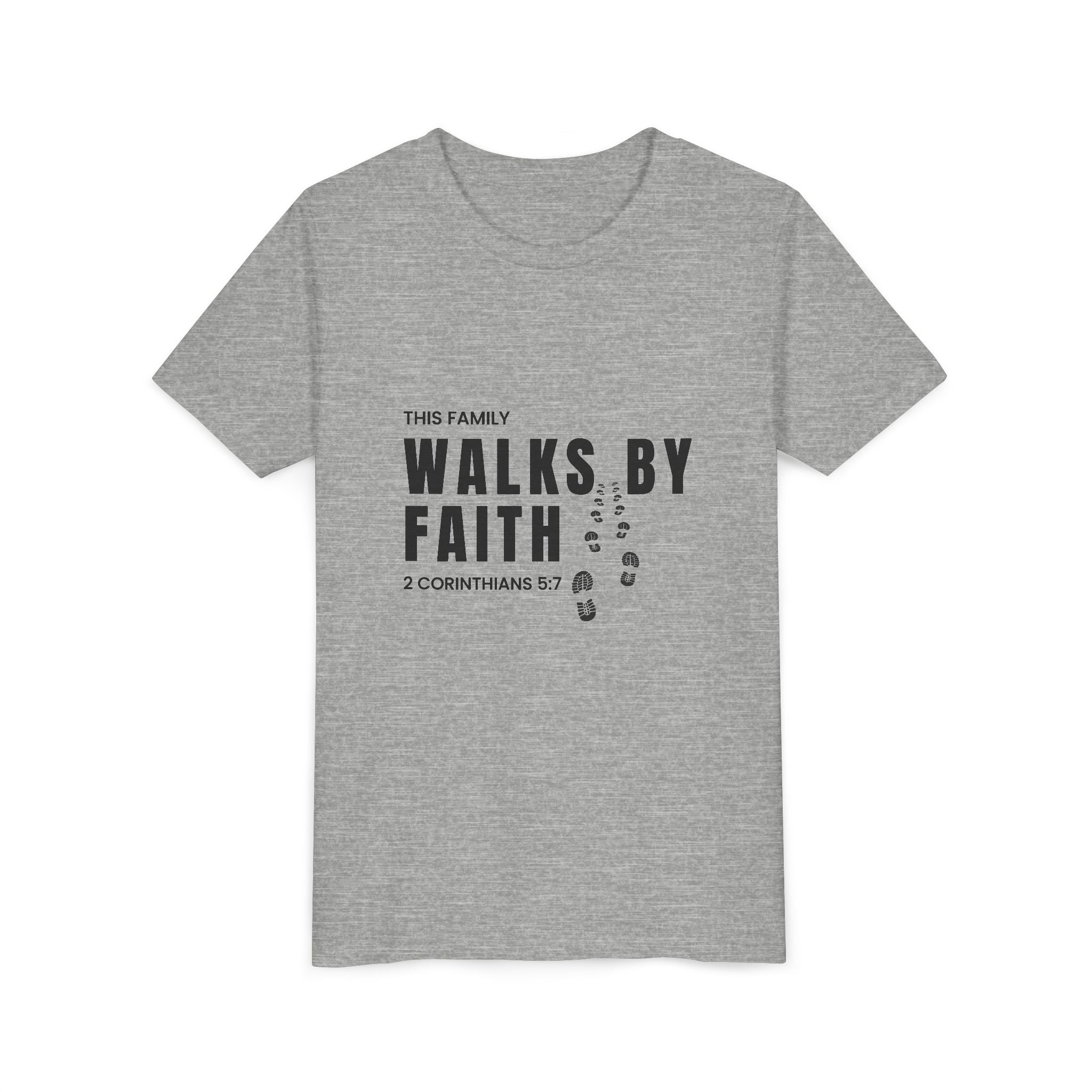 Youth Tee — "This Family Walks By Faith" Christian Kids T-Shirt (2 Corinthians 5:7)