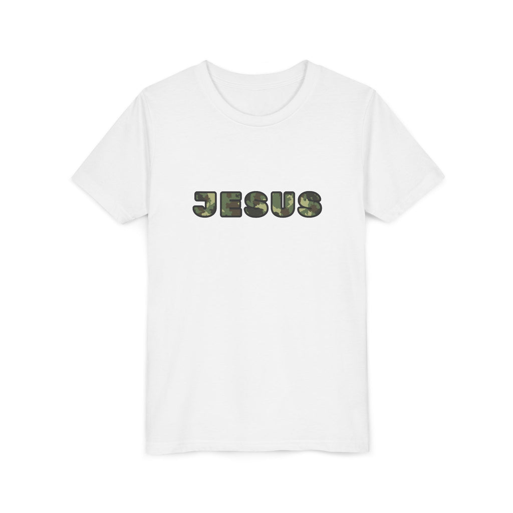 Youth Tee - 'JESUS' Camo Print Christian Kids Shirt