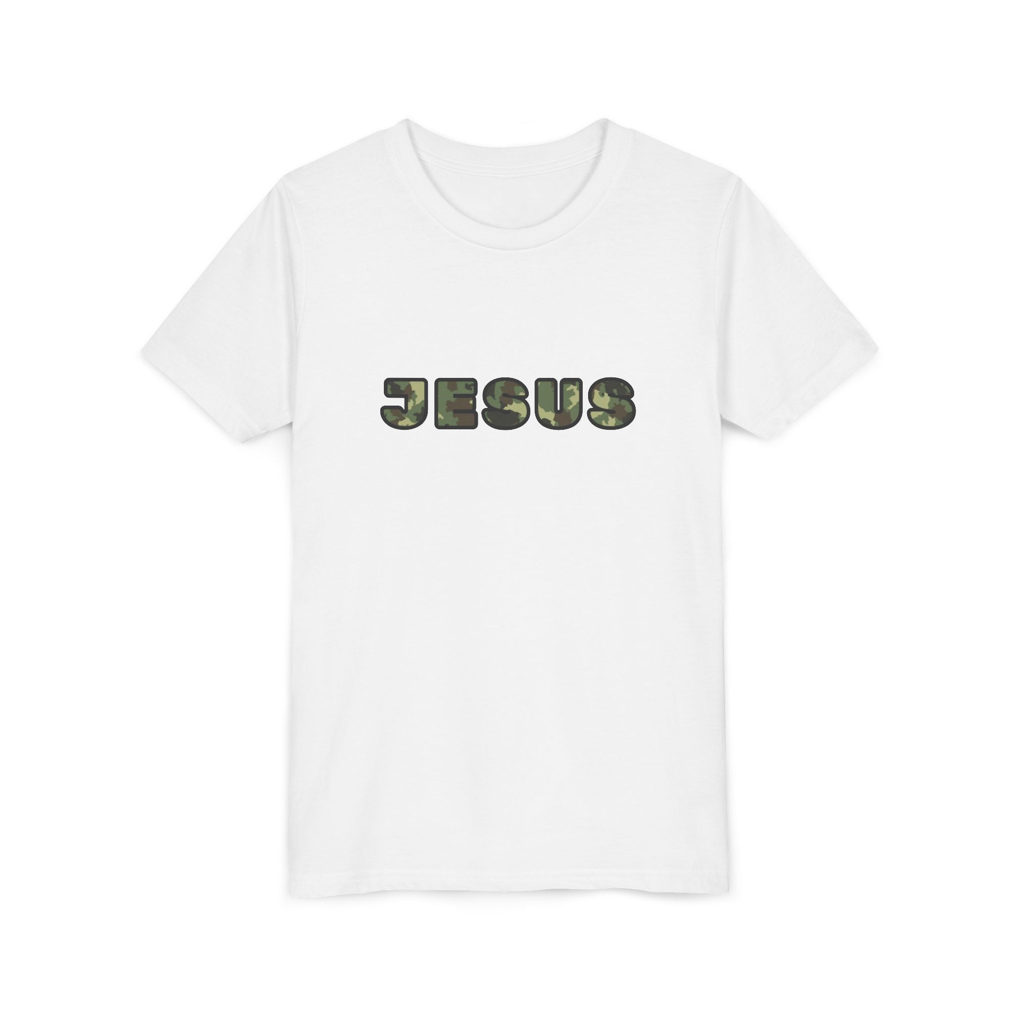 Youth Tee - 'JESUS' Camo Print Christian Kids Shirt