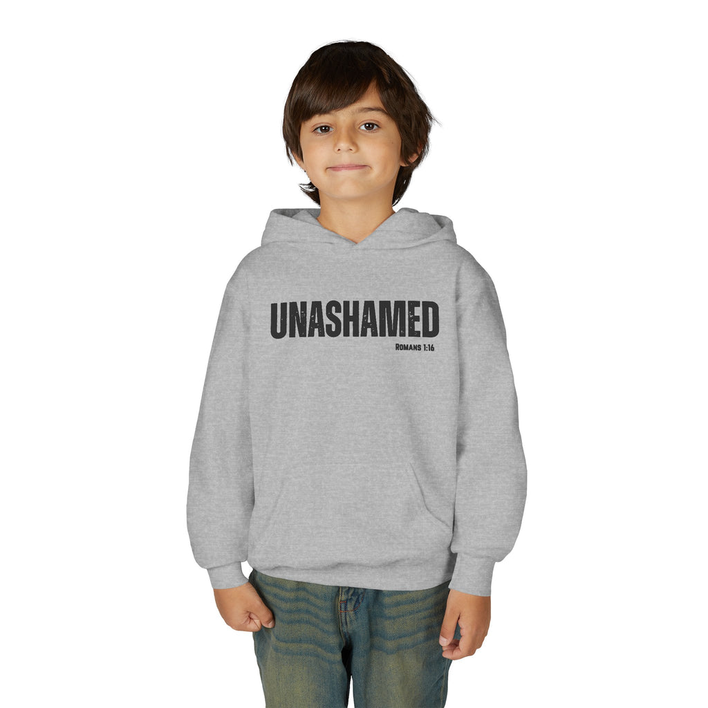 Unashamed Youth Hoodie – Christian Faith Graphic Sweatshirt (Romans 1:16)