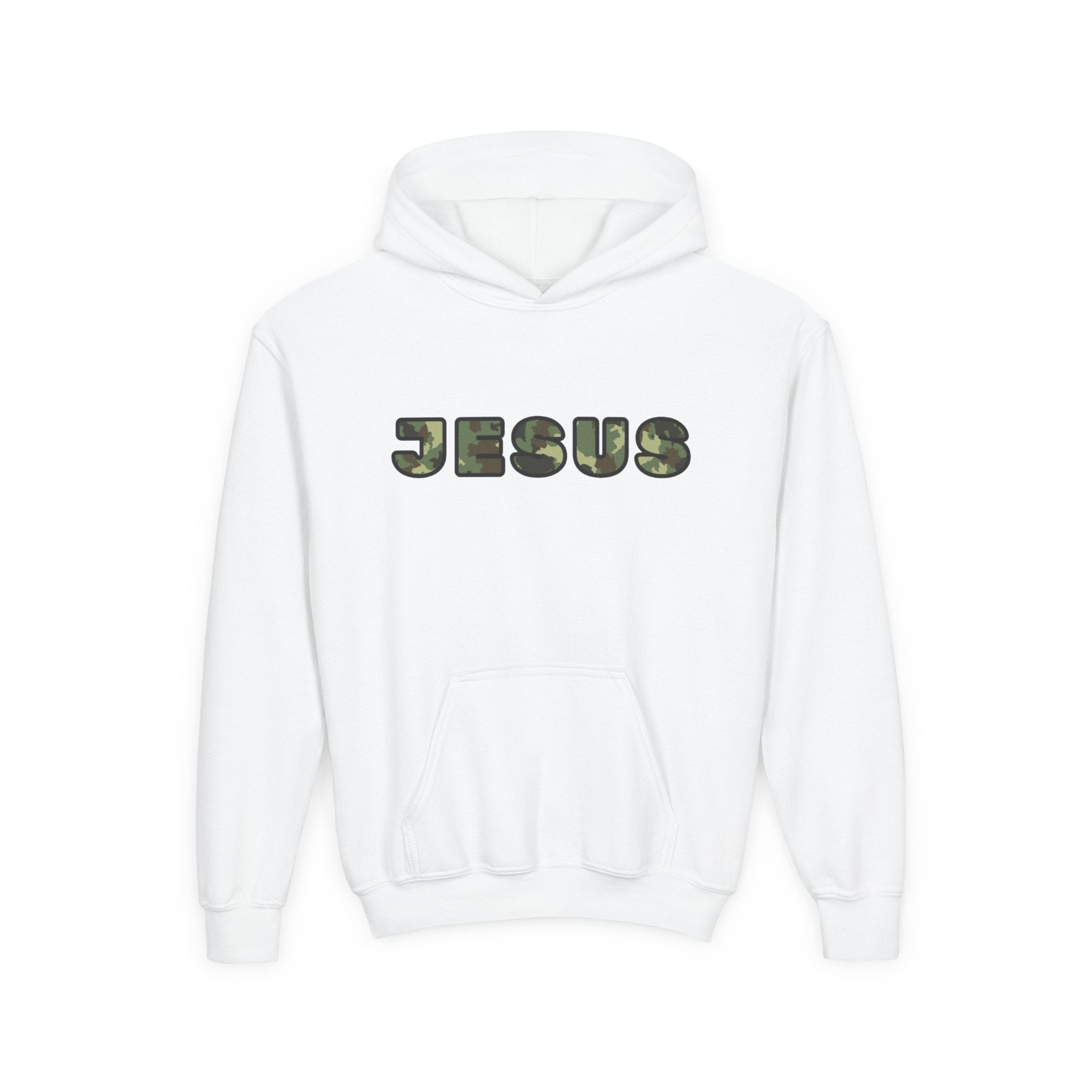 Youth Hoodie with Camouflage JESUS Text - Christian Faith Youth Pullover