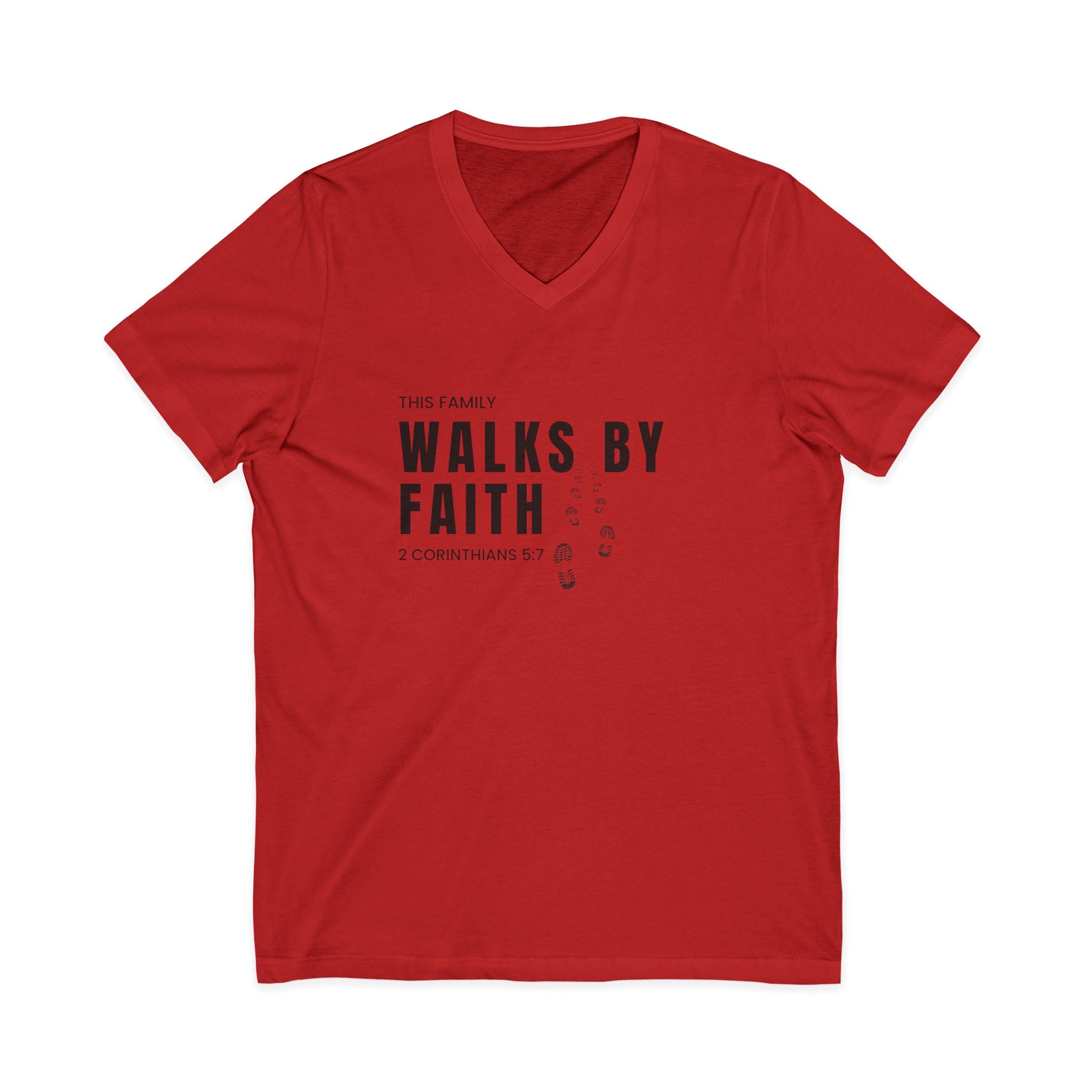 Walks By Faith V-Neck Tee — Christian Family Faith Shirt (2 Corinthians 5:7)