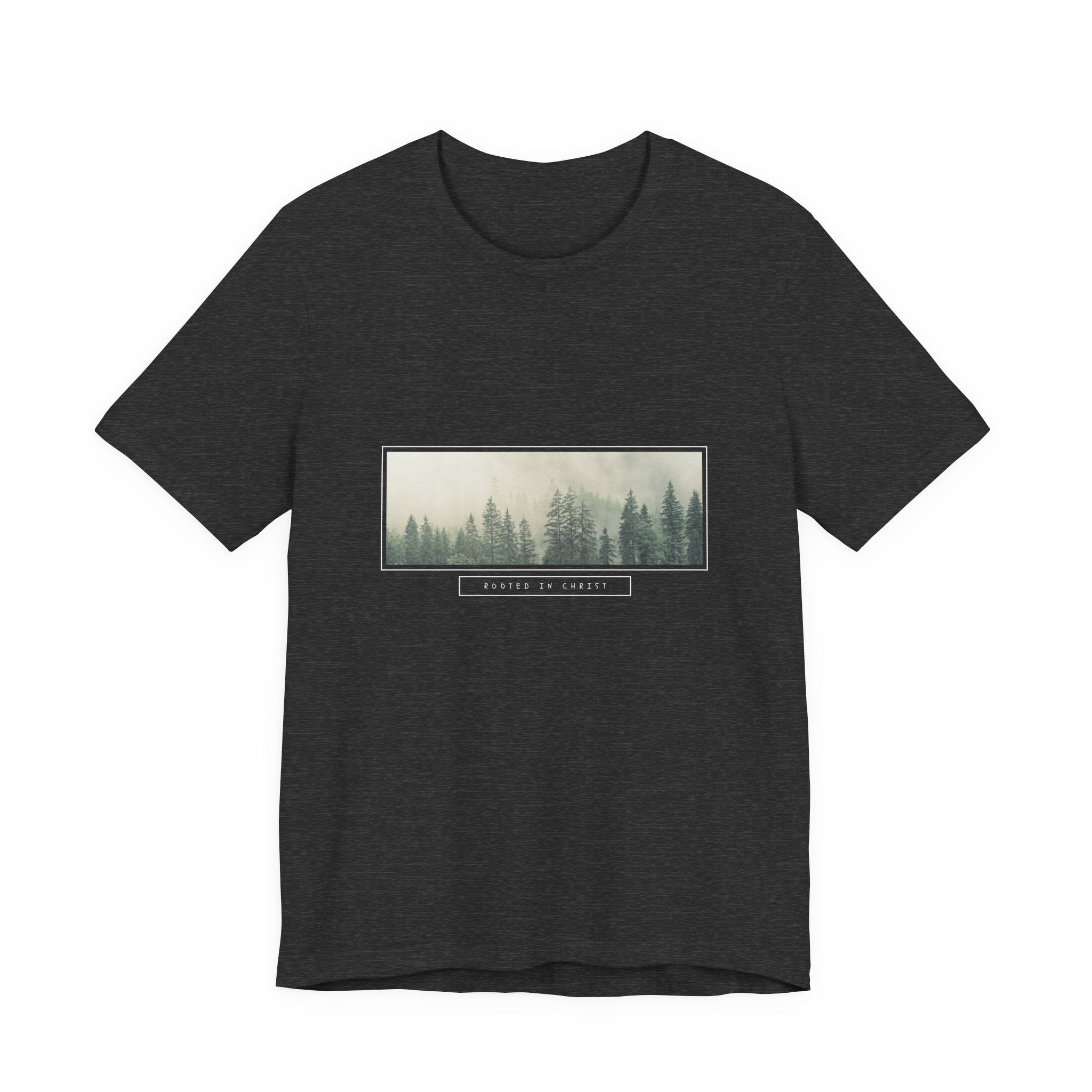 Mist-Forest Rectangle Tee — Minimal Foggy Pine Graphic T-Shirt