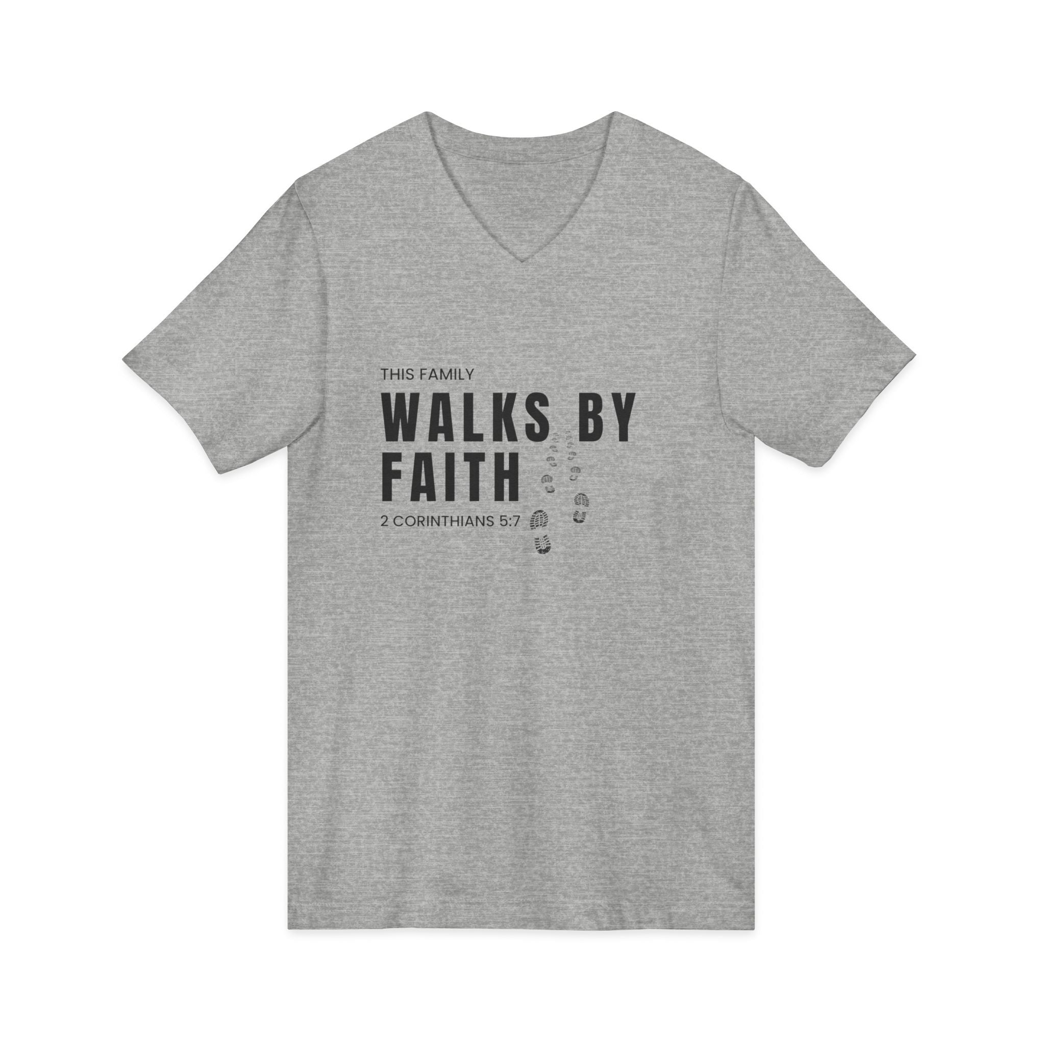 Walks By Faith V-Neck Tee — Christian Family Faith Shirt (2 Corinthians 5:7)