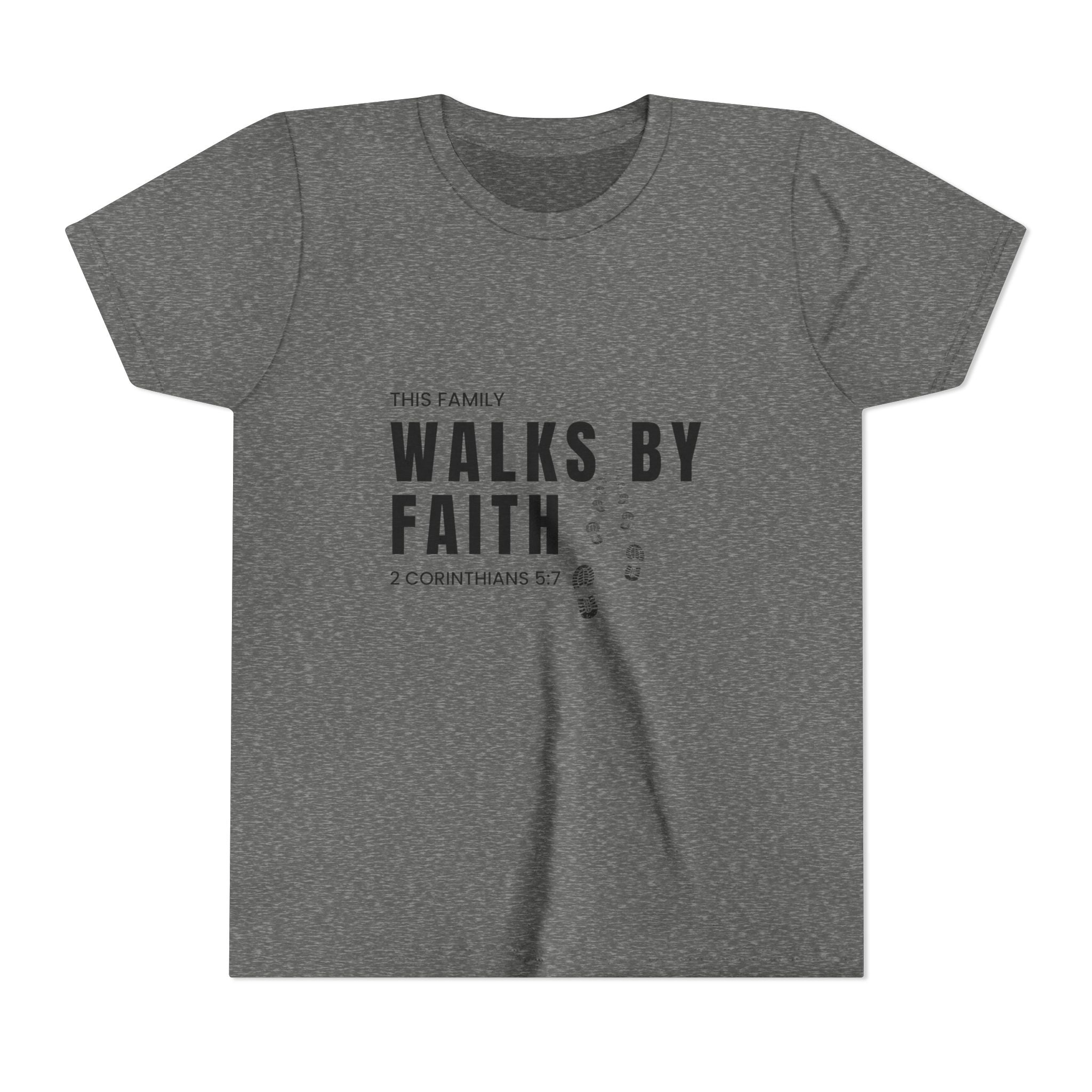 Youth Tee — "This Family Walks By Faith" Christian Kids T-Shirt (2 Corinthians 5:7)