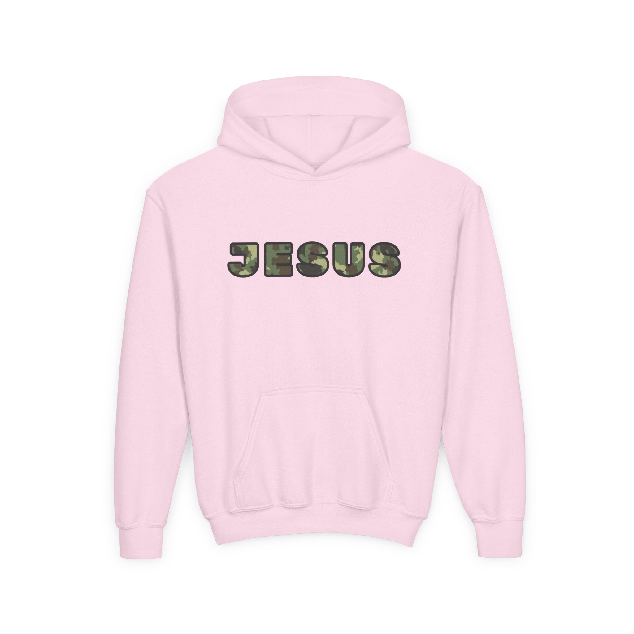 Youth Hoodie with Camouflage JESUS Text - Christian Faith Youth Pullover