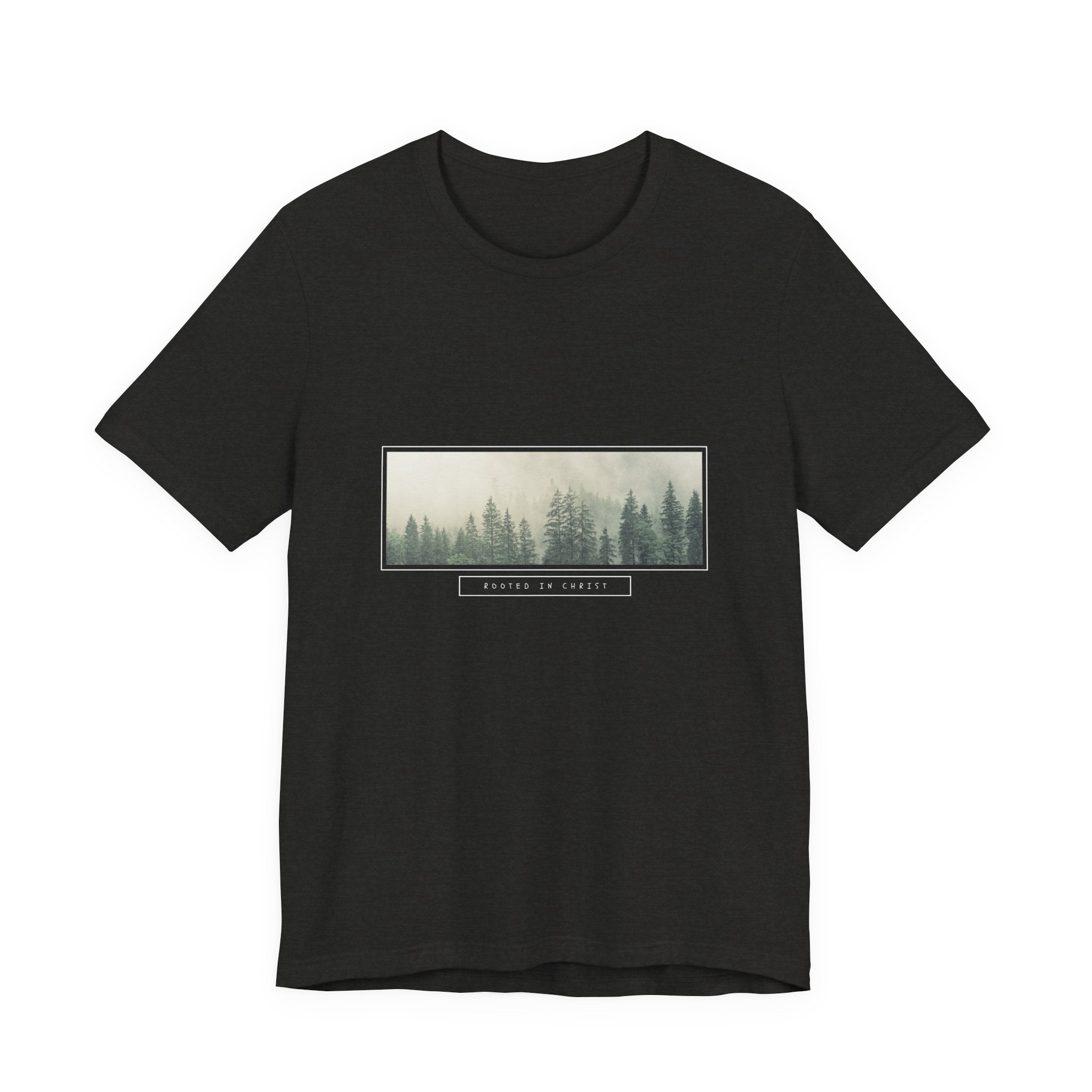 Mist-Forest Rectangle Tee — Minimal Foggy Pine Graphic T-Shirt
