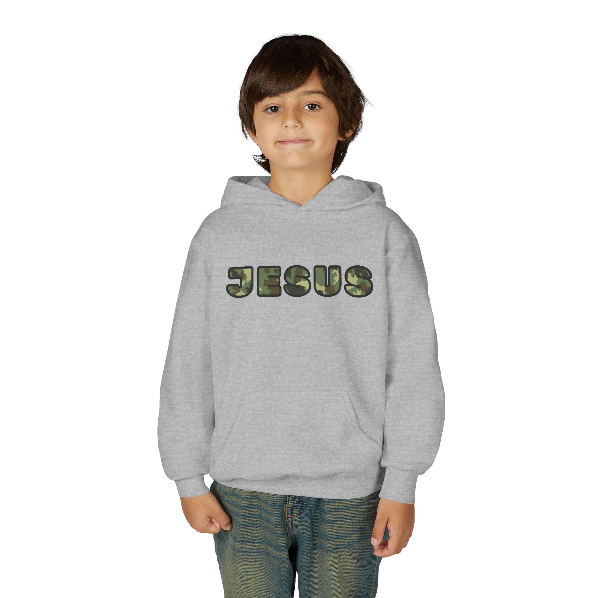 Youth Hoodie with Camouflage JESUS Text - Christian Faith Youth Pullover