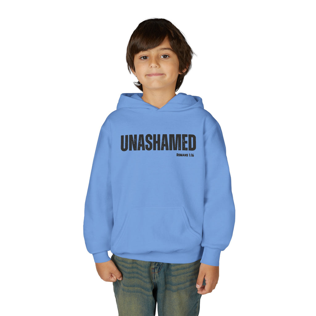 Unashamed Youth Hoodie – Christian Faith Graphic Sweatshirt (Romans 1:16)