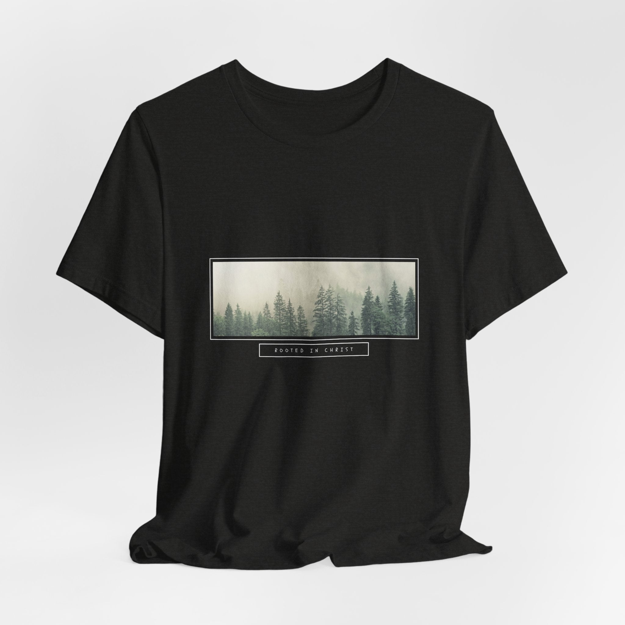 Mist-Forest Rectangle Tee — Minimal Foggy Pine Graphic T-Shirt