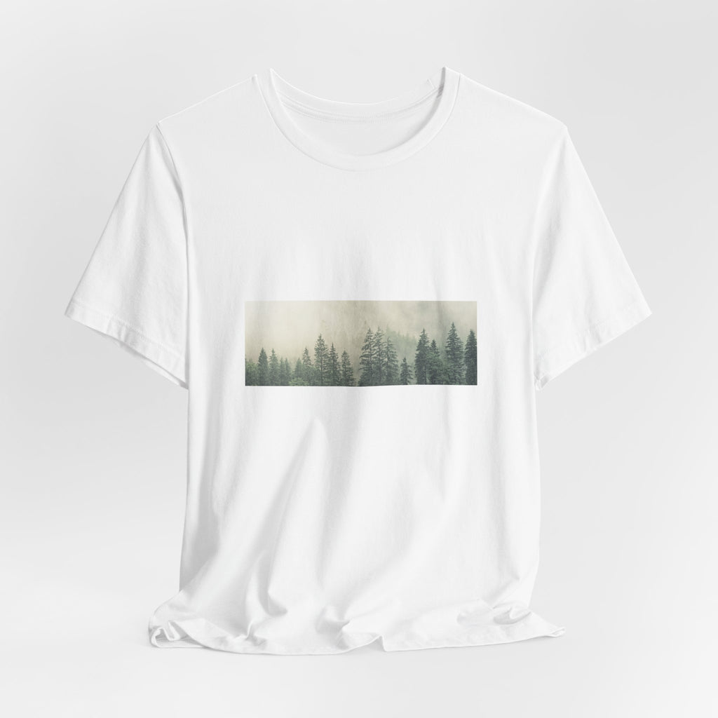 Mist-Forest Rectangle Tee — Minimal Foggy Pine Graphic T-Shirt