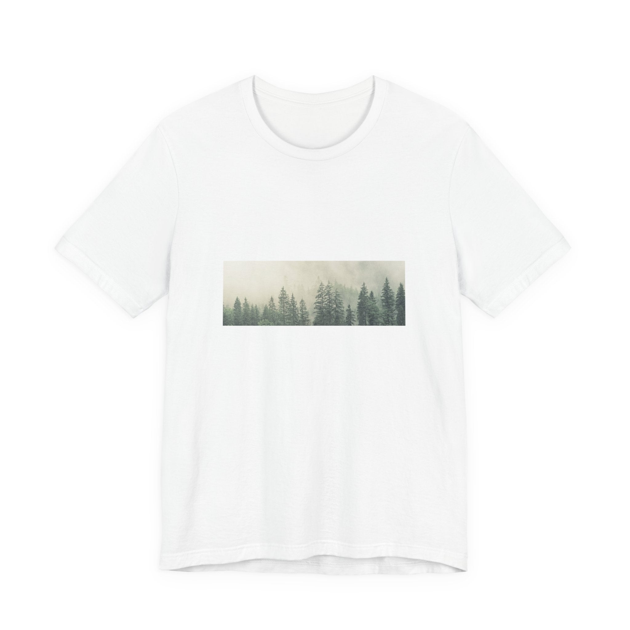 Mist-Forest Rectangle Tee — Minimal Foggy Pine Graphic T-Shirt