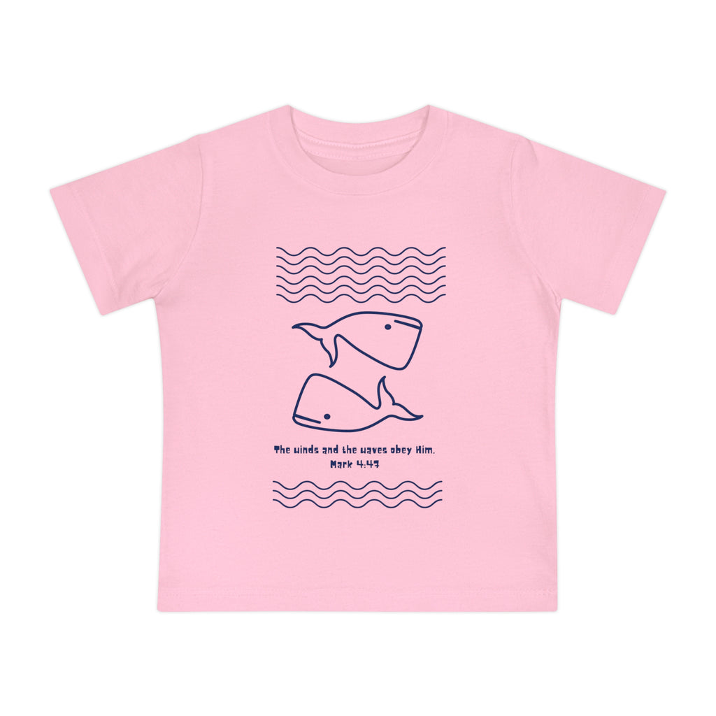Baby T-Shirt — Minimal Whale Ocean Tee ("He walks and the waves obey Him")