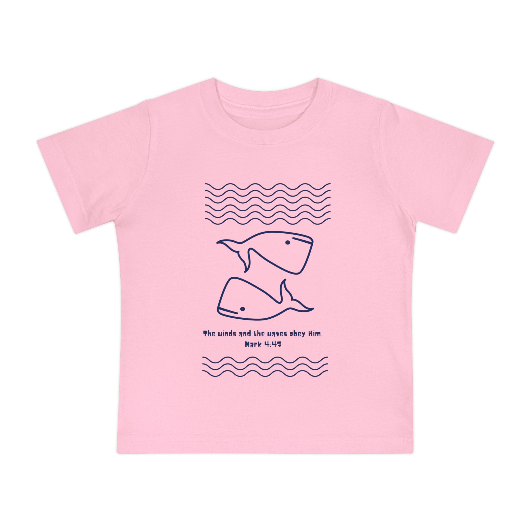Baby T-Shirt — Minimal Whale Ocean Tee ("He walks and the waves obey Him")