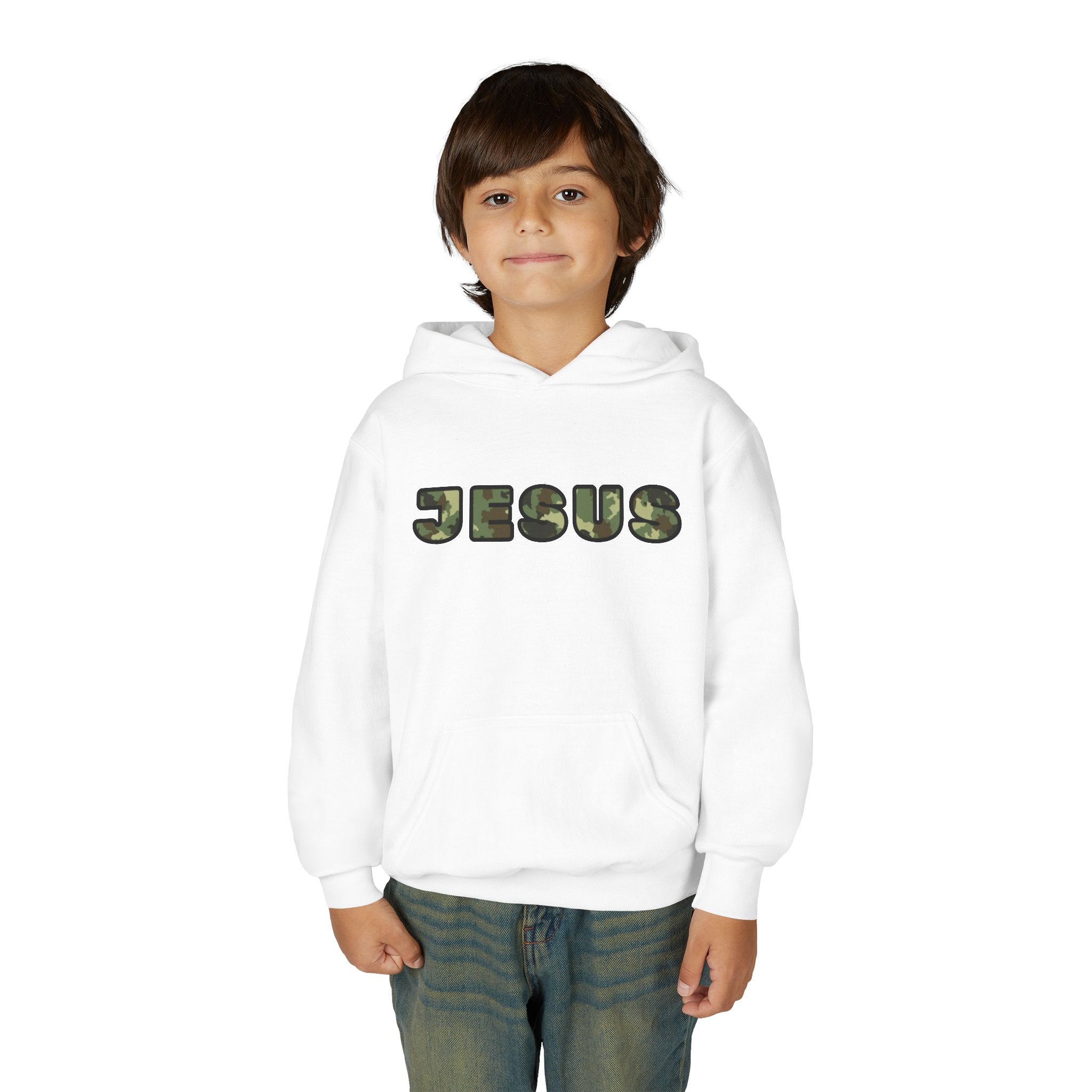 Youth Hoodie with Camouflage JESUS Text - Christian Faith Youth Pullover