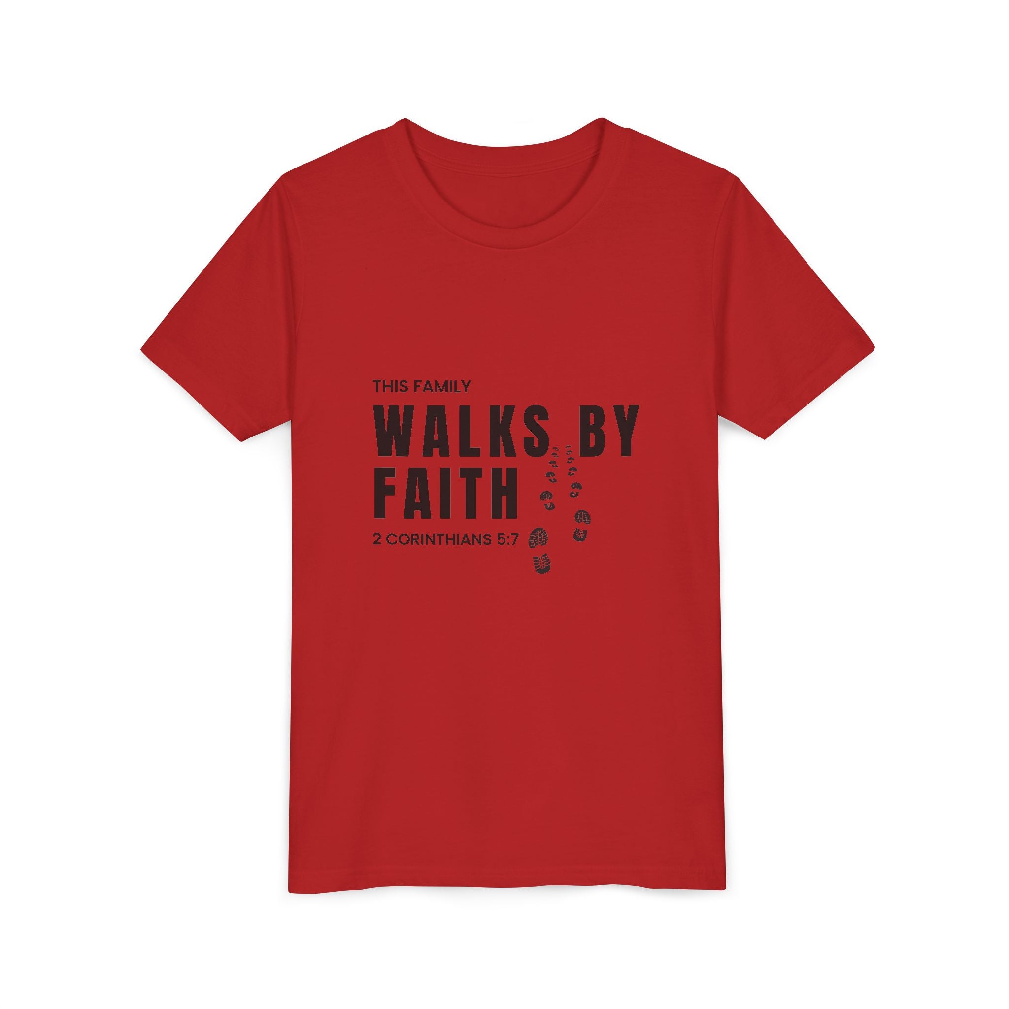 Youth Tee — "This Family Walks By Faith" Christian Kids T-Shirt (2 Corinthians 5:7)